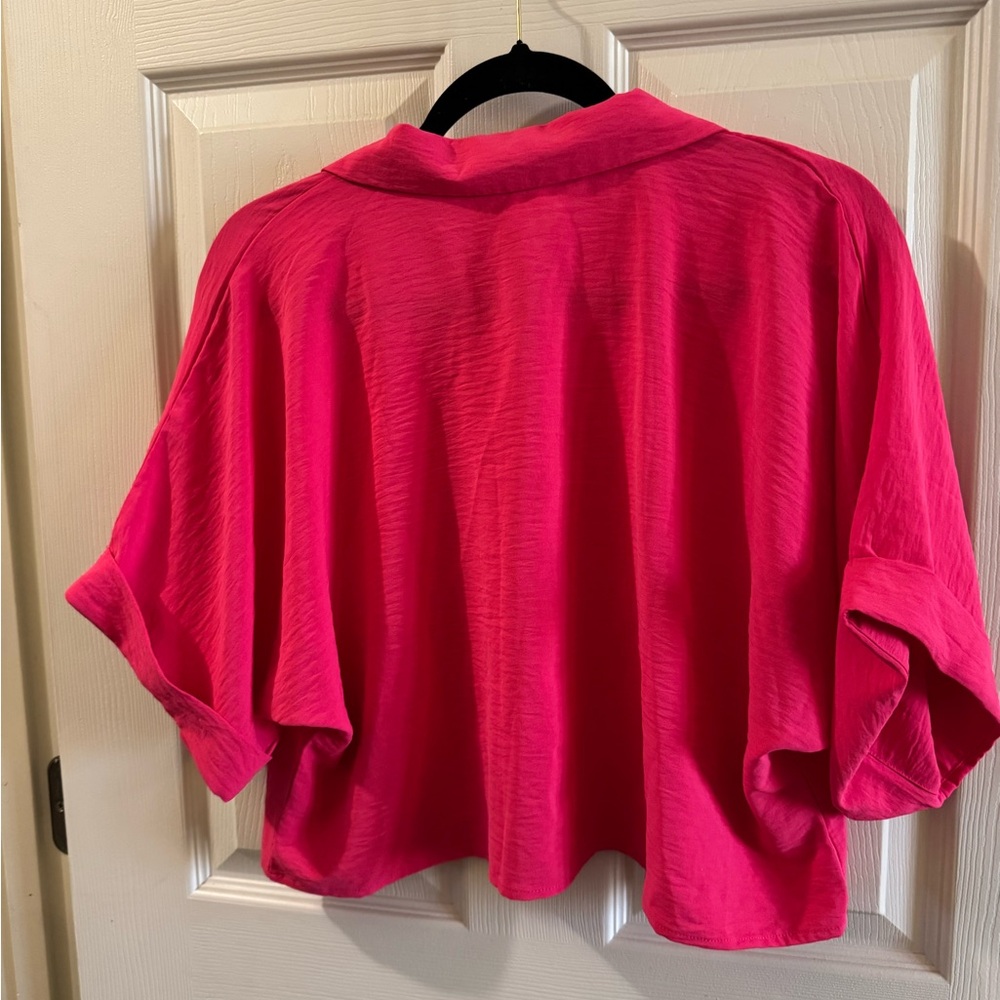 Cropped Button-Front Women's Shirt in Hot Pink - Picture 2 of 2